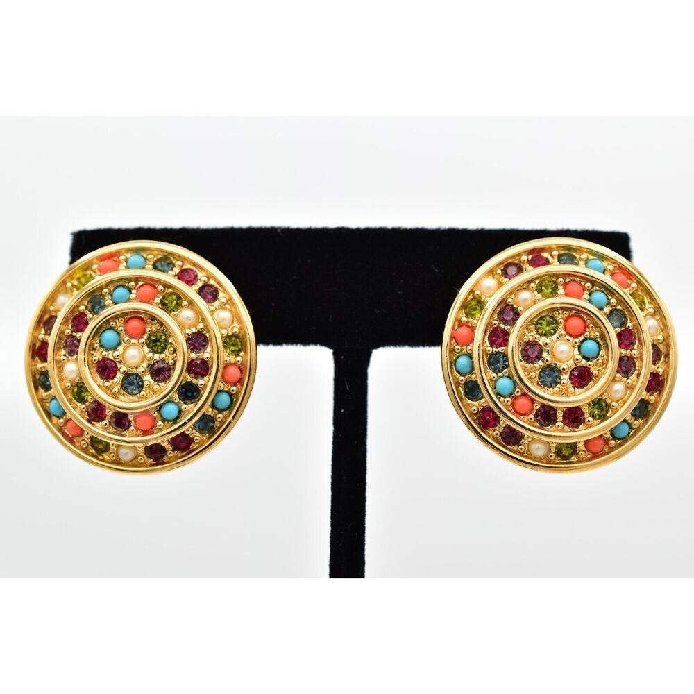 D'orlan Vintage Clip Earrings Round Cabochon Coral Turquoise Gold Signed BinBF